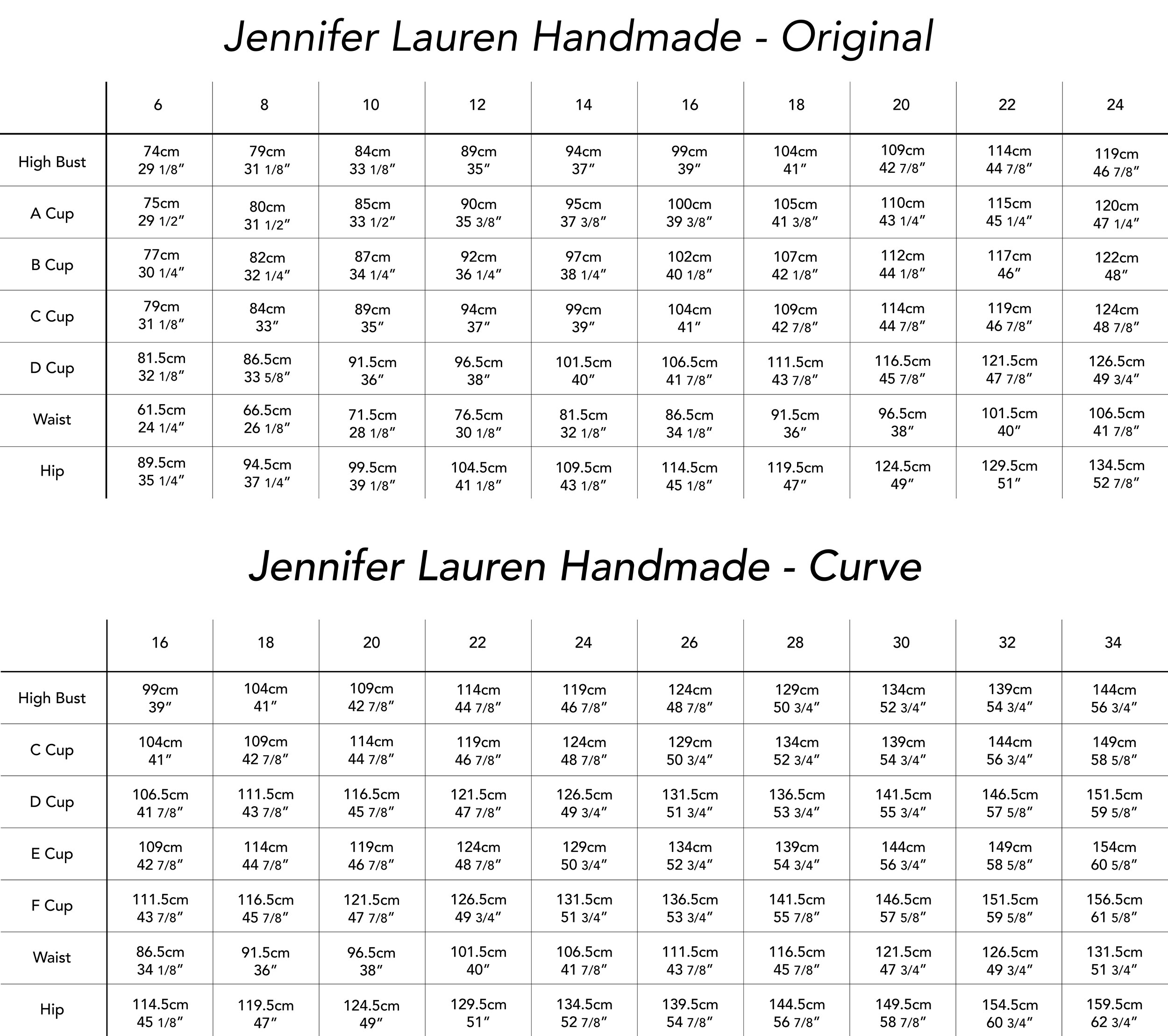 Size Guide – Jennifer Lauren Handmade